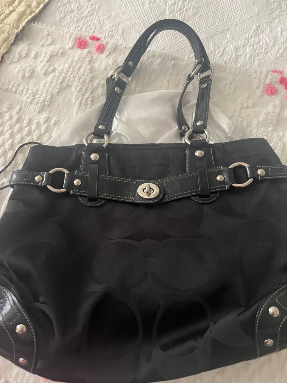 Coach Black Signature Canvas Tote with Silver Hardware and Leather Trim